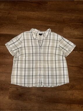 Erika Short-Sleeve Plaid Button-Down Shirt - Beige, White, Gray